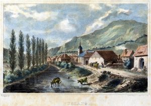 Gravure de 1841 de Charton où l'on aperçoit le presbytère avec son toit caractéristique et sa cheminée fumante. . .